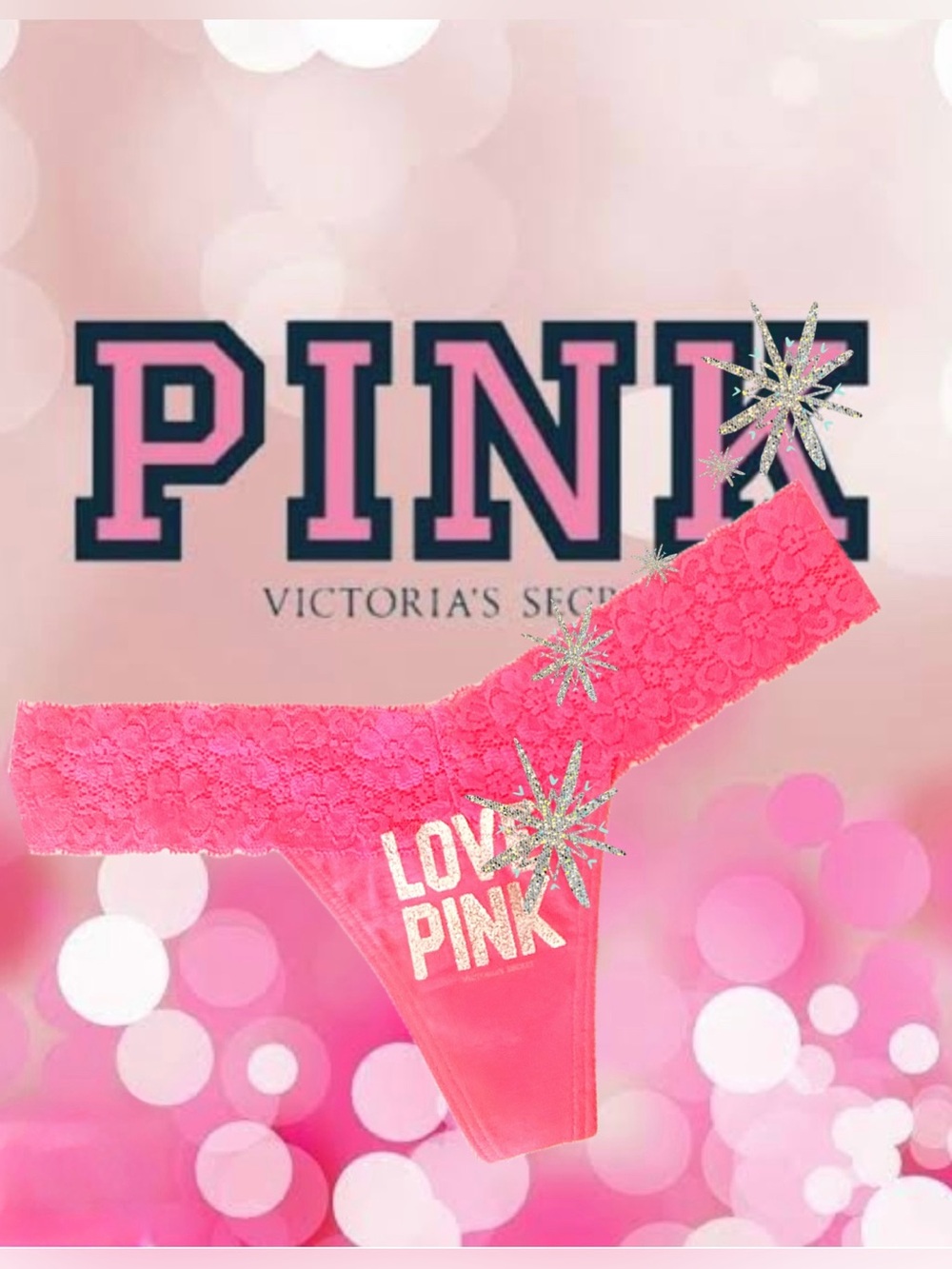 hot PINK extra Low Rise Lace Side Bling Thong Vintage Y2K Victoria's Secret MED